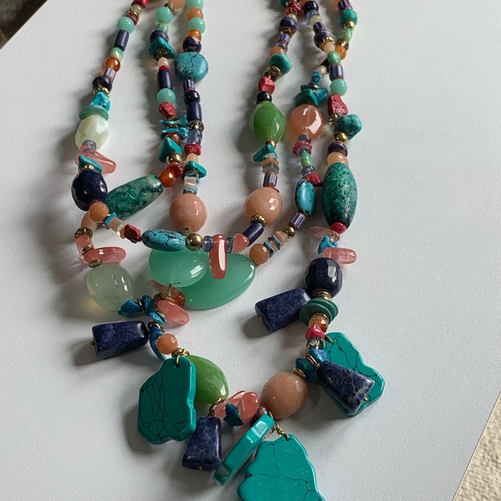 Chicos Real Gemstone Statement Necklace - Turquoise, Coral & Mixed Stones